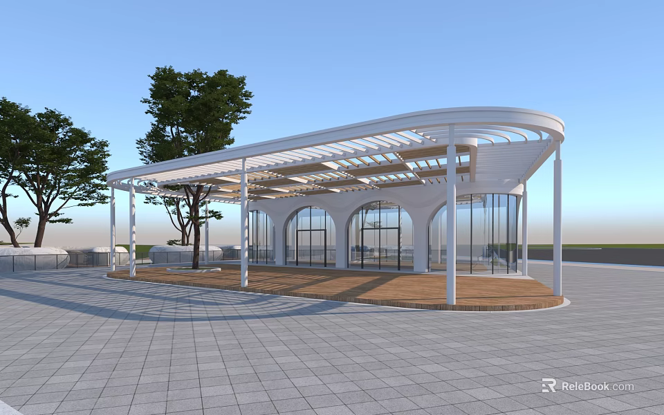 Modern Pavilion Featuring Arched Glass Walls Wooden Lattice Canopy And Trees 3d model 