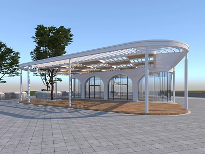 Modern Pavilion Featuring Arched Glass Walls Wooden Lattice Canopy And Trees 3d model