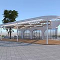 Modern Pavilion Featuring Arched Glass Walls Wooden Lattice Canopy And Trees