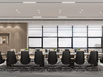 Modern Conference Room Design With Long Table Black Chairs And Large Windows 3d model