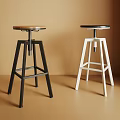Two Leisure Chairs With Round Wooden Seats And Black White Metal Frames