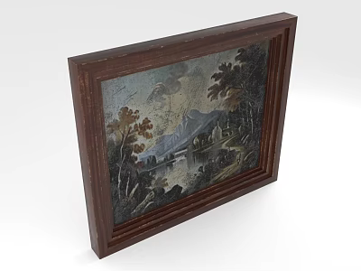 Vintage Wooden Framed Landscape Painting With Mountains Trees And Distant Cottages 3d model