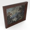 Vintage Wooden Framed Landscape Painting With Mountains Trees And Distant Cottages