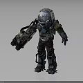 Futuristic Sci Fi Character Wearing Mechanical Armored Suit With Helmet And Cybernetic Gear