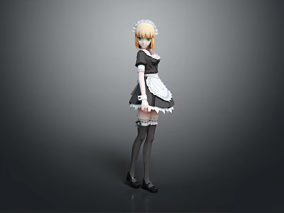 3D Render Of Maid Character With Blonde Hair Black Dress And White Apron 3d model