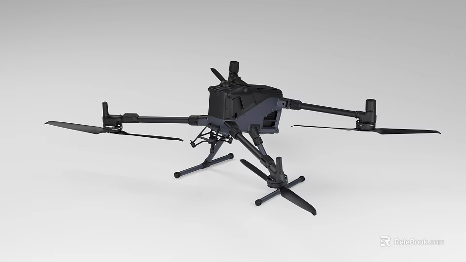 Black Quadcopter Drone With Stable Landing Gear And Rotating Propellers 3d model
