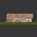 Cartoon Style Wooden House Scene With Red Roof Green Lawn Blue Car And Front Porch