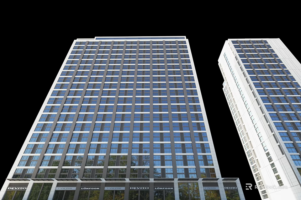Modern Tall Office Building Exterior With Glass Curtain Walls And Large Windows 3d model 