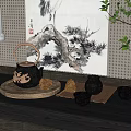 Traditional Tea Set With Cast Iron Teapot Ceramic Cups And Bamboo Tray On Wooden Table
