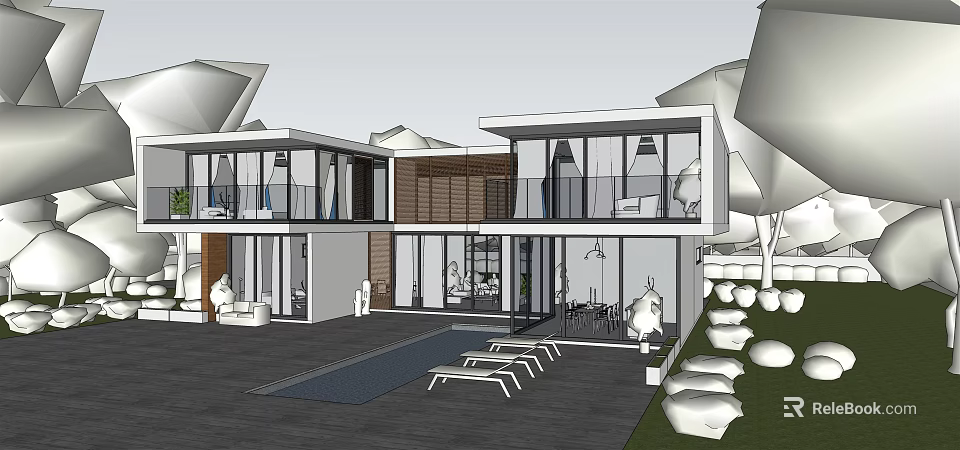 Modern Detached Villa Exterior With Glass Windows Terrace And Swimming Pool 3d model 