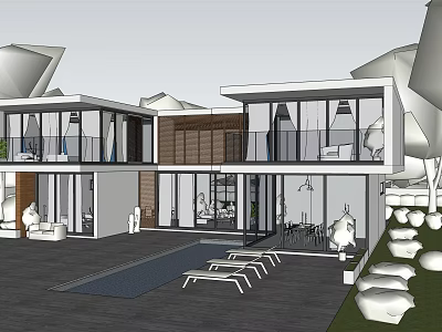 Modern Detached Villa Exterior With Glass Windows Terrace And Swimming Pool 3d model