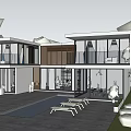Modern Detached Villa Exterior With Glass Windows Terrace And Swimming Pool
