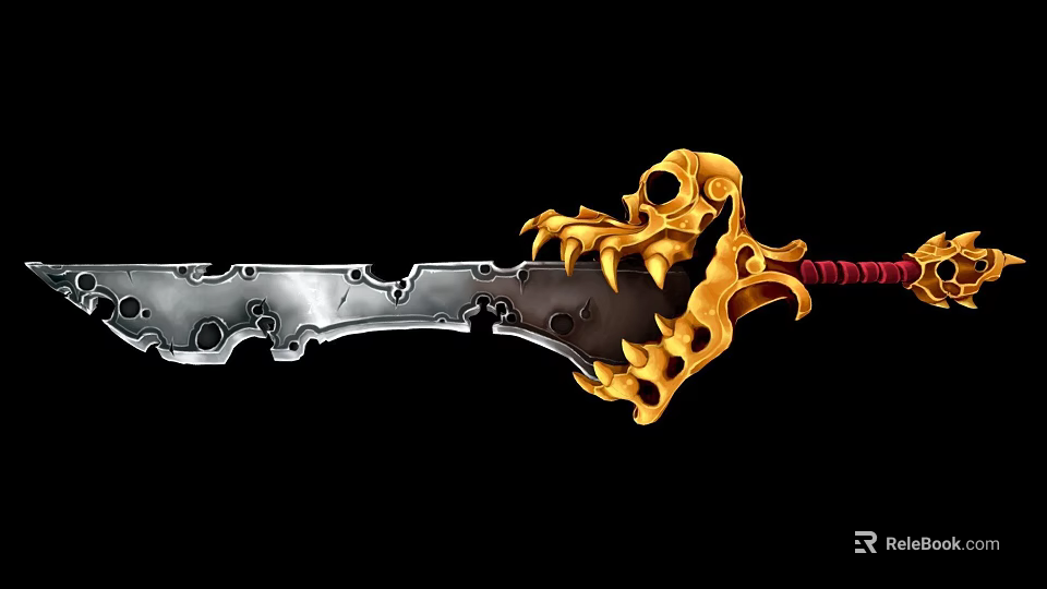 Silver Blade Sword With Golden Dragon Skeleton Design And Red Rope Hilt 3d model 