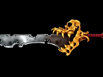 Silver Blade Sword With Golden Dragon Skeleton Design And Red Rope Hilt 3d model