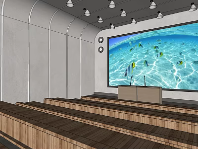 Modern Conference Room With Large Ocean Theme Screen Wooden Stepped Seats And Ceiling Lights 3d model