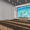Modern Conference Room With Large Ocean Theme Screen Wooden Stepped Seats And Ceiling Lights
