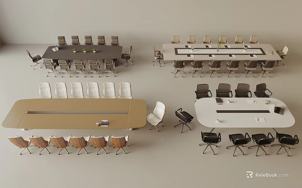 Modern Conference Tables With Black Beige White Chairs For Office Meeting Room Furniture Setup 3d model 