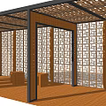 Wooden Pergola Structure With Intricate Lattice Design And Wooden Flooring Seating