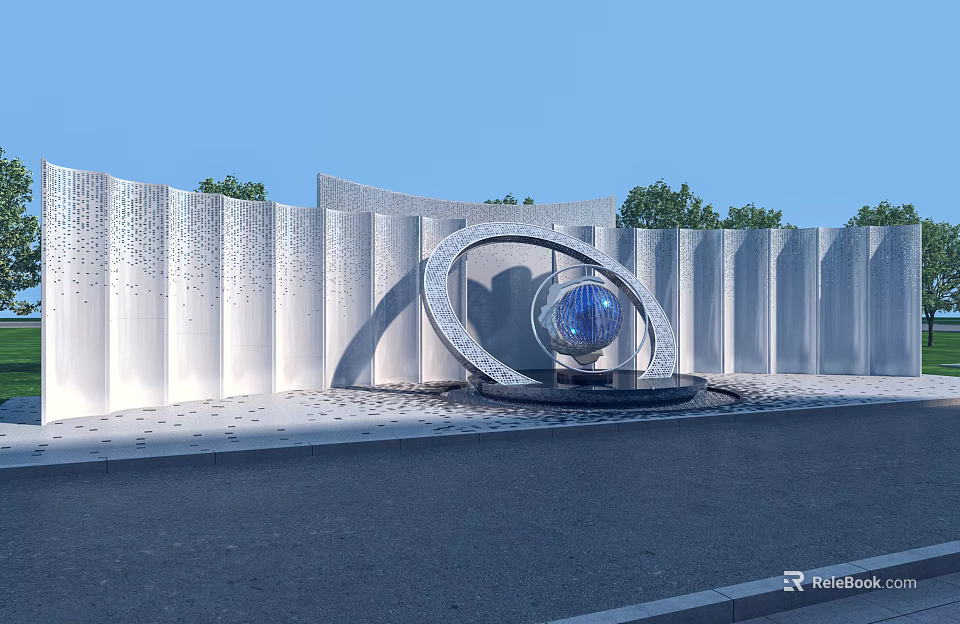 Silver Scenic Wall With Wavy Texture Circular Ring Blue Sphere Against Green Trees And Sky 3d model