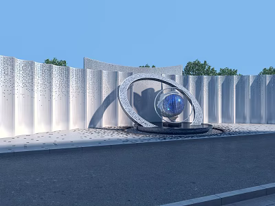 Silver Scenic Wall With Wavy Texture Circular Ring Blue Sphere Against Green Trees And Sky 3d model