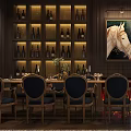 Elegant Private Dining Room With Dark Wooden Walls Wine Racks Fireplace And White Horse Painting