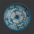 Artisan Carved Ceramic Basin with Blue White Floral Decorative Patterns