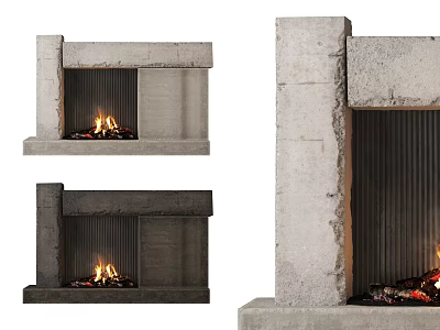 Modern Concrete Fireplace Design With Burning Fire And Textured Surface 3d model