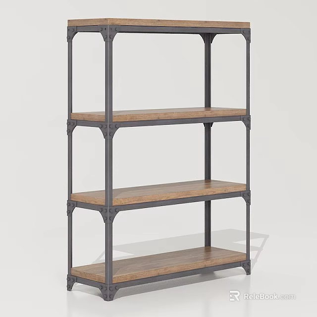 Industrial Three Tier Open Shelf With Black Metal Frame And Natural Wood Shelves 3d model 