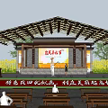 Ancient Chinese Architecture With Traditional Wooden Roof And Rural Stage Benches