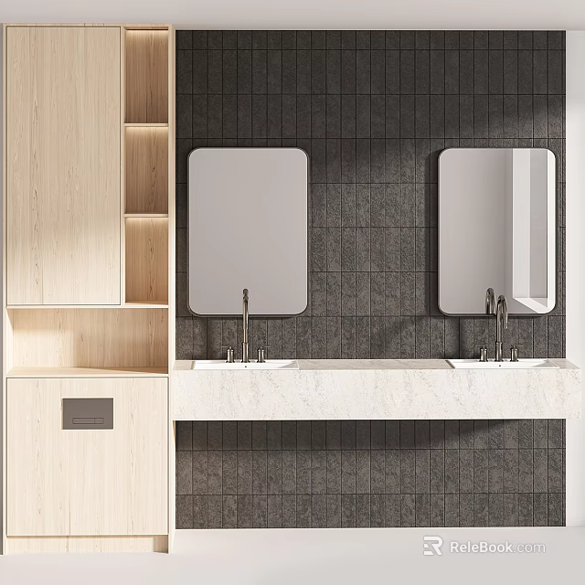 Modern Double Sink Vanity With Wall Mounted Mirrors And Light Wood Cabinets 3d model 