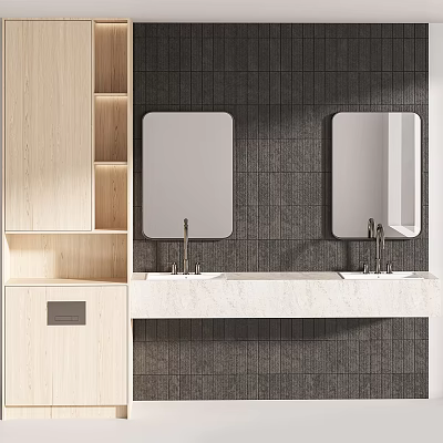 Modern Double Sink Vanity With Wall Mounted Mirrors And Light Wood Cabinets 3d model