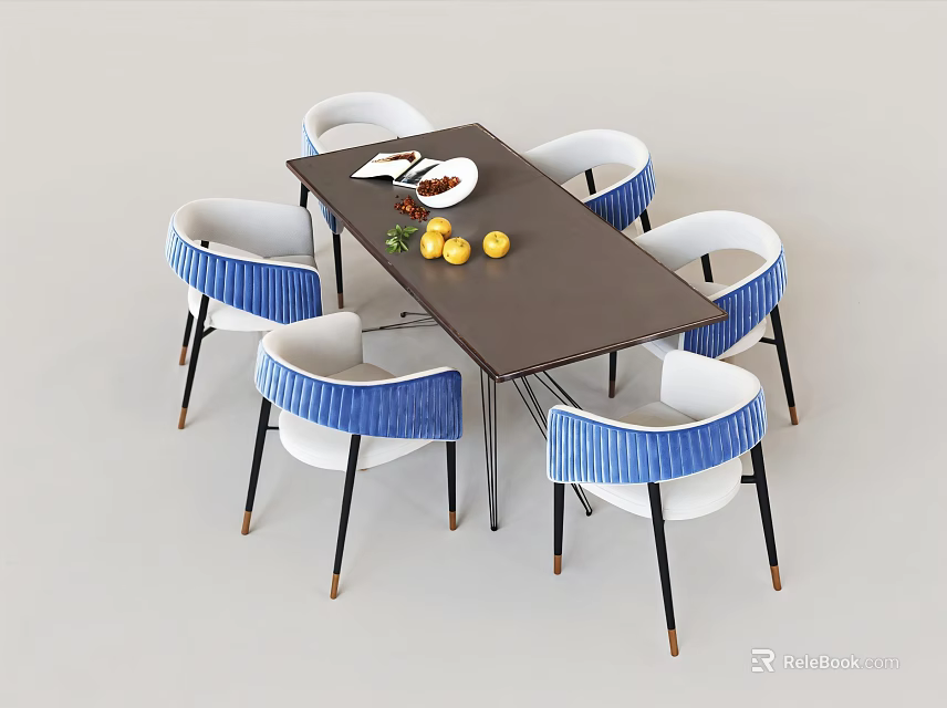 Modern Rectangular Dining Table Set with Blue White Chairs Black Legs and Fruits on Top 3d model