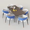 Modern Rectangular Dining Table Set with Blue White Chairs Black Legs and Fruits on Top 3d model