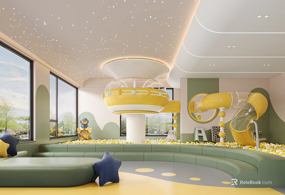 Colorful Kindergarten Indoor Play Area With Slide And Starry Ceiling 3d model 