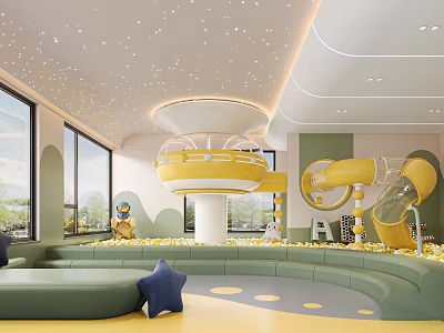 Colorful Kindergarten Indoor Play Area With Slide And Starry Ceiling 3d model