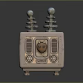 Cute Retro Speaker with Beige Square Body Silver Spiral Antennas Cat Face and Yellow Eyes