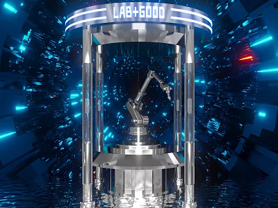 Interactive Zone Featuring LAB+6000 With Robotic Arm And Futuristic Blue Lighting 3d model