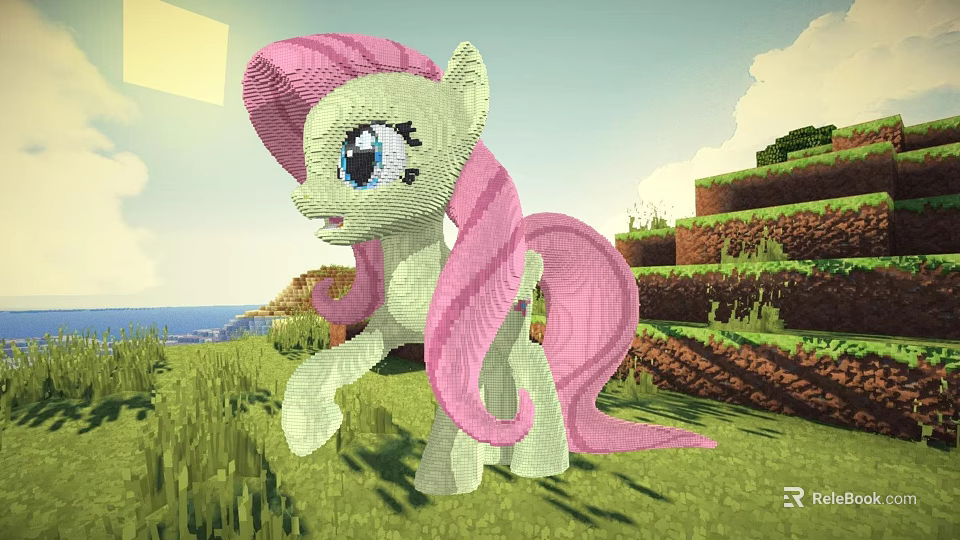 Pixel Style Green Pony Game Character With Pink Mane And Tail In Grassland Hills Sky 3d model 