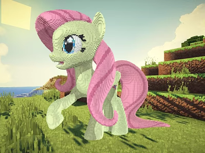 Pixel Style Green Pony Game Character With Pink Mane And Tail In Grassland Hills Sky 3d model