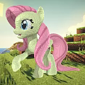 Pixel Style Green Pony Game Character With Pink Mane And Tail In Grassland Hills Sky