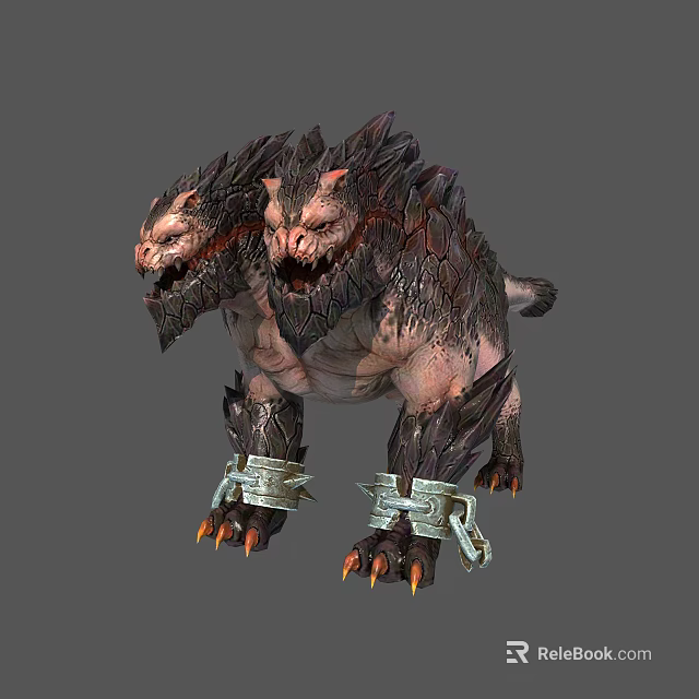 Double Headed Monster Creature with Spiked Skin and Chain Bindings in Fantasy Role Playing Game 3d model 