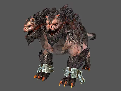 Double Headed Monster Creature with Spiked Skin and Chain Bindings in Fantasy Role Playing Game 3d model