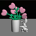 Scenic Photo Check-in Spot With Giant Pink Heart-shaped Flowers White Vase And Rabbit Sculpture