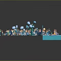 Group of Colorful Miniature People Standing Interacting with Tables and Umbrellas