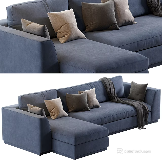 Comfortable Modern Blue Sectional Sofa With Multiple Cozy Pillows And Throw Blanket 3d model