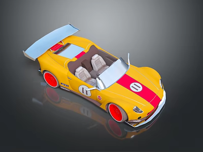 Yellow Convertible Sports Car Featuring Red Stripes Number 11 Blue Spoiler Red Wheels Brown Seats 3d model