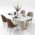 Modern Dining Table Set With Marble Top And Brown Upholstered Chairs 3d model
