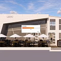 Modern Café Building Exterior With White Walls Large Glass Windows Terrace White Umbrellas And Tables