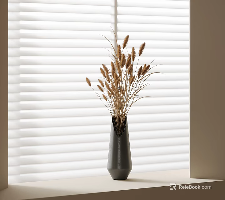 Stylish Gray Vase With Dried Pampas Grass On Light Colored Tabletop Against White Blinds 3d model 