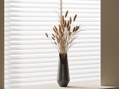 Stylish Gray Vase With Dried Pampas Grass On Light Colored Tabletop Against White Blinds 3d model